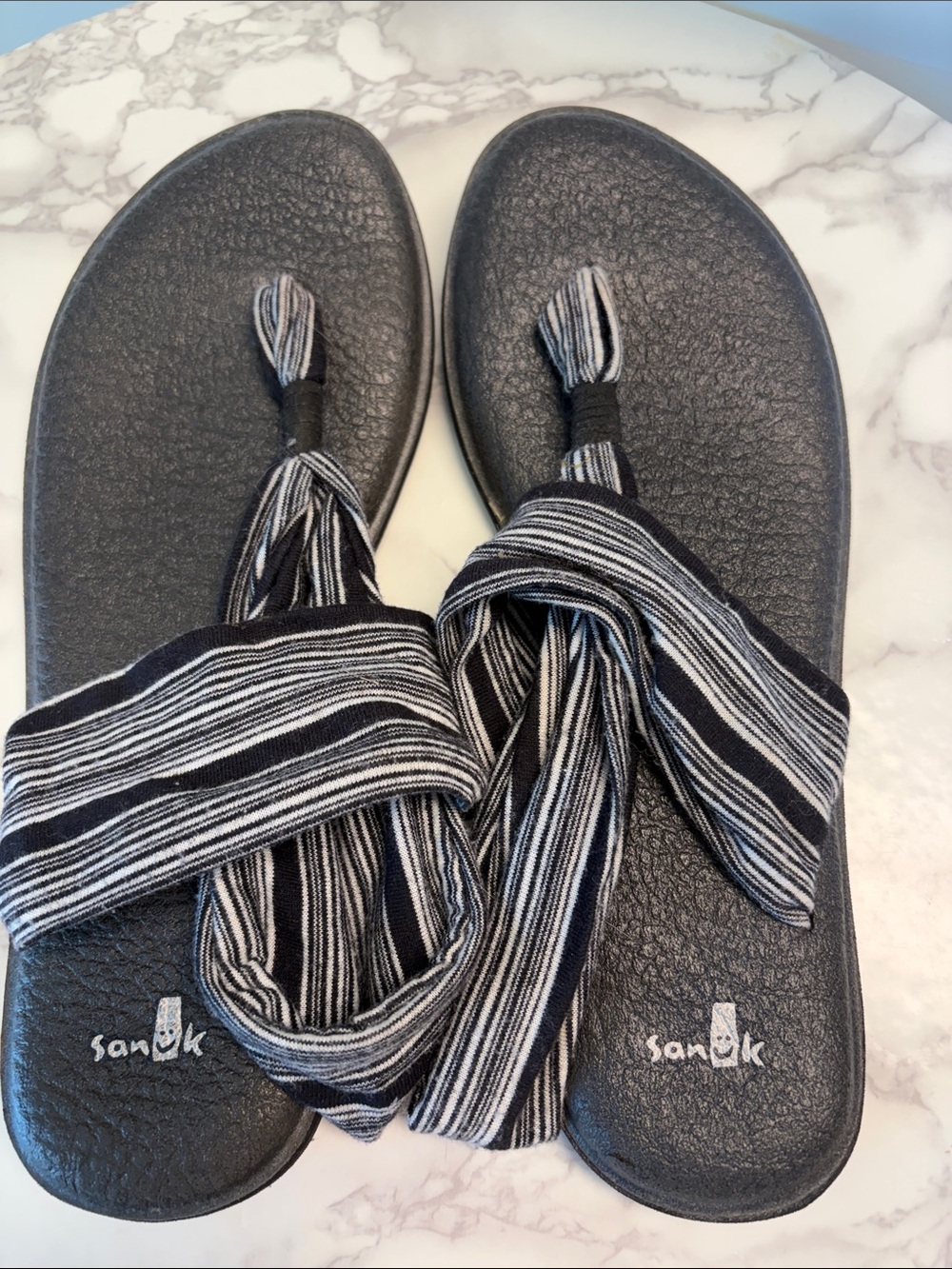 Sanuk Black & White Striped Wrap Toe Sandals